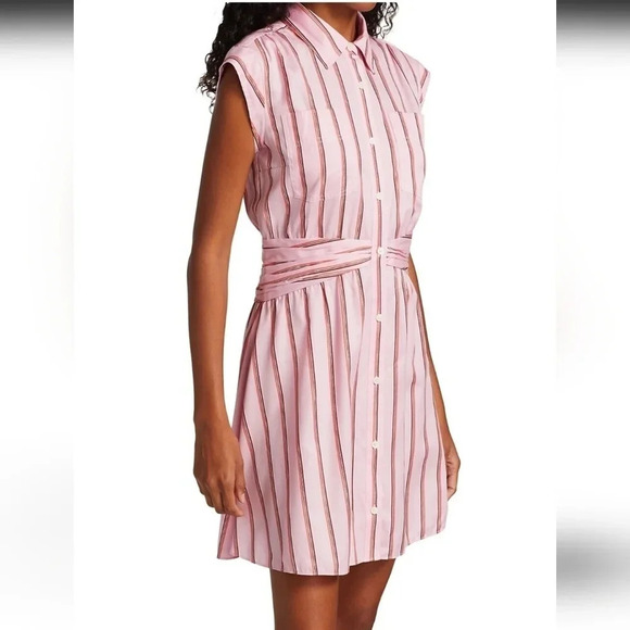 Derek Lam 10 Crosby Pink Striped Fit and Flare Shirt Dress Gathered Waist 6 - Picture 8 of 15